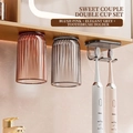 Magnetic toothbrush holder set with transparent pink and grey cups in wall mount style - Gray + Pink (Adhesive) + Double Hook