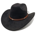 Detail of black suede cowboy hat with brown leather band and silver star studs - M (56-58cm) / Black