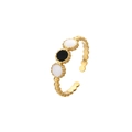 Golden stainless steel adjustable ring with black and white enamel triple circles - Black White Disc Geometry (J535-1)