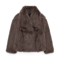 Detailed close-up of dark brown faux fur texture and long plush fibers on women jacket - XS / Dark Brown