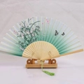 Japanese style green gradient bamboo folding fan with floral patterns and matching tassel - White Ribs Style 12