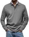 Close-up of grey long sleeve knit polo shirt featuring ribbed cuffs and buttoned lapel - Gray