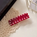 Translucent red acetate hair clip with double rows of white pearls on crochet lace - 7cm / Metallic Red