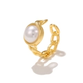 Golden chain link open ring featuring a large round white pearl in a modern design - EGJ0137 Gold Chain Pearl