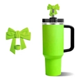 Green Stanley tumbler with matching bow straw cover and functional dust plug accessory - Green
