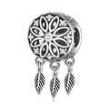 S925 Sterling Silber Traumfänger Charm mit weißen Zirkonia Steinen und Federanhängern - Hohlblume Mit Federn (PC0316)