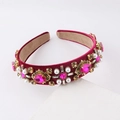 Baroque velvet headband with pink crystals, pearls and rhinestones on a white background - Rose Red