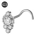 Silver G23 Titanium nose stud with five circular clear zircons and a curved bar - Deluxe Five-Stone Cluster (Style 13 5-Shaped) / 0.8x7mm