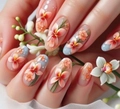 Blue almond press-on nails with orange-pink lily flowers and delicate green leaves - Light Blue Lily Floral Style (AW402)