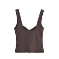 Detail of chocolate brown sleeveless crop top featuring a central metal zipper design - S / Tops / Brown