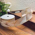 White 4cm Christmas ribbon with golden leaf vein print, 10 yards roll for DIY decor - 4cm Cotton Gold Stamping Leaves 10 Yards