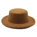 Detail of caramel sherpa flat top wide brim hat showing warm textured lamb wool fabric - M (56-58cm) / Dark Khaki