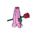 Pink praying hands pierced by a red rose enamel pin with blood drops on white background - CC2428 (Praying Hands with Rose)