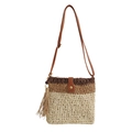 Three-tone woven straw crossbody bag with leather strap and wooden bead tassel decor - Small / Off White