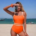 Bright orange one-piece swimsuit with white contrast trim and thin double straps - S / Orange