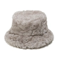 Macro detail view of a grey faux fur plush bucket hat designed for winter warmth and comfort - M (56-58cm) / Khaki