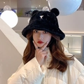 Black plush bucket hat with bear ears, soft fleece winter cap for women warm style - Bear Nose Bucket Hat - Black