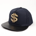 Detail of blue mesh snapback hat with gold rhinestone dollar sign emblem and black leather brim - Adjustable (54-60cm) / Navy Blue