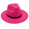 Detail of rose red fedora with flat wide brim and black leather strap with silver buckle - One Size / Rose Red