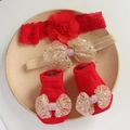 Baby headband and sock gift set with red lace flowers and gold sequin bows - Red Sequin Bow Headband + Socks