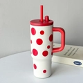 Insulated stainless steel tumbler with red polka dots, large handle, and straw - UV Printed Handle Cup Red