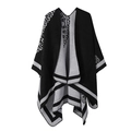 Double-sided plaid faux cashmere poncho shawl in black and grey geometric pattern - British Black White