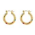 Polished gold-plated stainless steel hoop earrings with colorful inlaid gemstones - Colorful Stone Hoop Style (E843-GO)