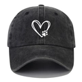 Distressed dark grey baseball cap with white heart and paw print embroidery - Black