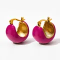 Golden C-shaped hoop earrings with vibrant magenta enamel spheres in a retro French style - Rose Red (KDE1487)