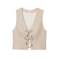 Gilet beige in cotone e lino con scollo a V e chiusura con perline di legno su sfondo bianco - XS / Tops