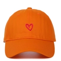 Detailed embroidery of a red heart on the front of an orange cotton baseball cap - Red Heart Embroidery / Orange
