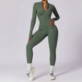 Olive green long sleeve yoga jumpsuit with half-zipper collar and thumbhole cuffs - Turquoise Green