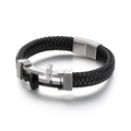 Braided black leather men's cross bracelet with stainless steel dual-tone buckle - Black & Silver Tone (KB116550-KFC)