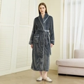 Men's dark grey long flannel bathrobe with white contrast piping and waist tie - Elegant Grey (Women)