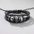 Bracelet multicouche en cuir noir pour homme avec breloque crâne punk argenté vieilli - Style Punk Crâne / Noir