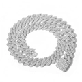 Macro shot of 14mm silver iced out Cuban link necklace with sparkling crystals and clasp - 7inch(18cm) / Silver