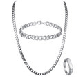3-teiliges Hip-Hop-Schmuckset mit silberner Panzerkette, Armband und Ring aus Stahl - Silber