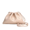 Pink woven leather shoulder bag with drawstring closure and crossbody strap on white background - Lotus Pink