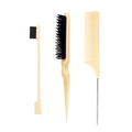 3-piece beige hair styling set with teasing brush, edge control comb and steel rat tail comb - Fine-tooth Beige