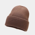 Close-up of the fine ribbed texture and thick cuff on a warm coffee brown knit beanie - One Size / Brown