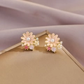 Pink daisy flower stud earrings with pearls and crystals on a luxury golden jewelry box - Pink Daisy / Pink