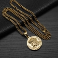 Detailed view of golden Jesus pendant with ECCE HOMO engraving on a dark background - Jesus Portrait - Gold - 55cm Cuban Chain