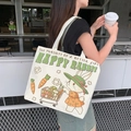 Off-white canvas tote bag featuring a colorful cartoon rabbit and durable double handles - Cart Rabbit