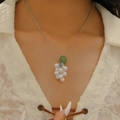 Silver necklace with pearl grape cluster and green jade-style bead on a model - Silver Artificial Pearl Grape Green Ring Style (3705)