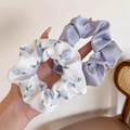 Bloemen kanten scrunchies in wit met blauwe patronen en lichtpaars zijden satijn - 3# Grijspaarse 2-delige Set