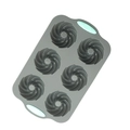Gray silicone 6-cavity swirl donut baking mold with light green handles on white background - 6-Cup Swirl Muffin Pan