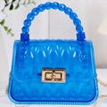 Transparent blue PVC mini leaf pattern jelly bag with woven handle and gold chain - Blue