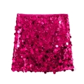 Detailed view of vibrant magenta sequins on a high-waisted A-line mini skirt - XS / Bottoms / Rose Red