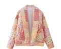 Detail of floral patchwork quilted jacket featuring intricate stitching and V-neckline - XS / Yellow Lapel