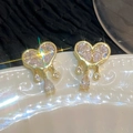 Golden heart-shaped tassel earrings with white cubic zirconia and liquid flow effect - Gold White Pave (K-1379)